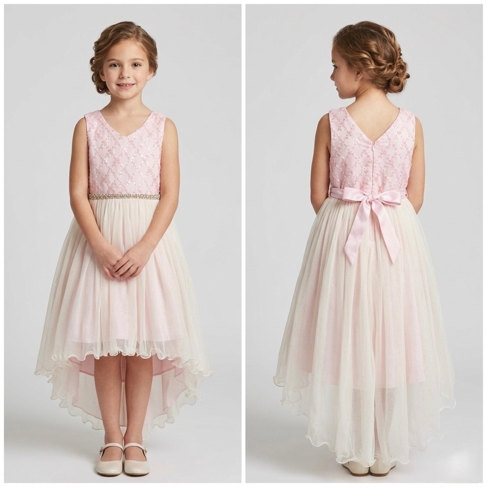 Couture Princess Girls Pink High Low Glitter Tulle Formal Dress Pearl Waist Sz 8